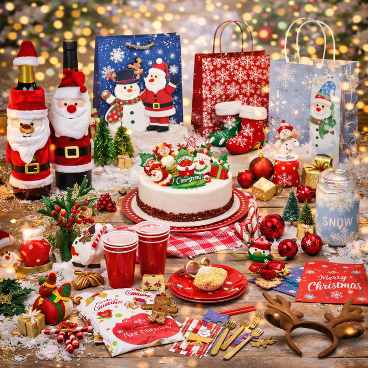 Christmas items including napkins, bottle covers, snow and cake topper decorations