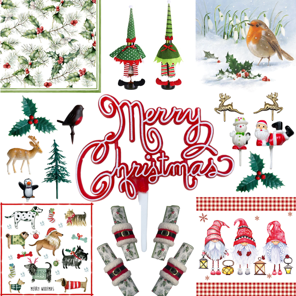 Christmas items including napkins, bottle covers, snow and cake topper decorations