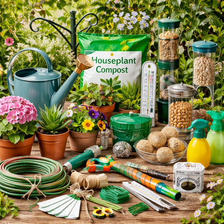 Gardening essentials including wire, labels, hanging basket brackets, bird feeders and hedgehog houses or boxes