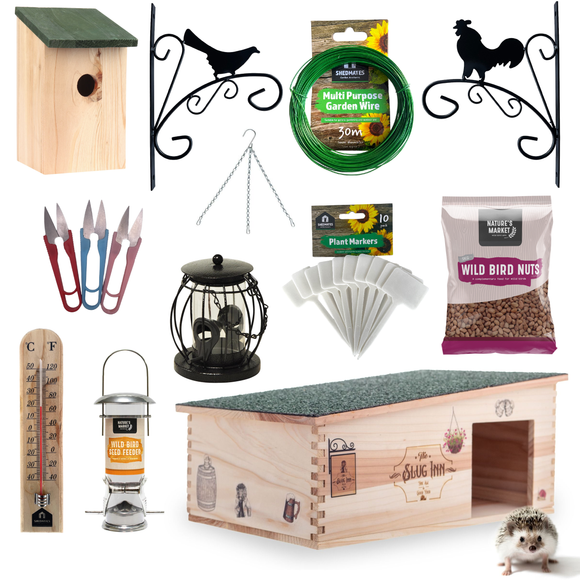 Gardening essentials including wire, labels, hanging basket brackets, bird feeders and hedgehog houses or boxes