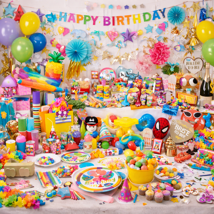 Party Supplies including plates, cups, napkins, balloons and candles