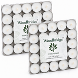 Two clear plastic packages of Woodbridge Essentials tea lights, each containing 50 white round tealight candles, shown on a white background.