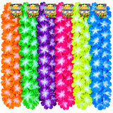 Six colorful Hawaiian-style flower leis hanging side by side on a white background, with printed packaging cards visible at the top of each strand.