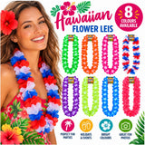 A promotional graphic for Hawaiian flower leis featuring a smiling woman wearing a red, white, and blue lei on the left, with eight additional lei color options displayed across the center and bottom right. The text reads 'Hawaiian Flower Lei' and '8 colours available,' with small icons at the bottom for party, holiday/events, bright colours, and photo use.