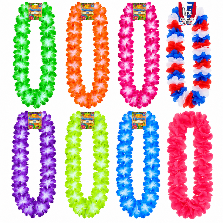 Six plastic flower lei necklaces in different colors are arranged in a grid on a white background: green, orange, pink, red, purple, and light green. Each lei has a small product tag attached, and a logo in the top right reads 'F La Fiesta'.