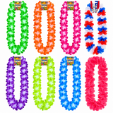 Six plastic flower lei necklaces in different colors are arranged in a grid on a white background: green, orange, pink, red, purple, and light green. Each lei has a small product tag attached, and a logo in the top right reads 'F La Fiesta'.