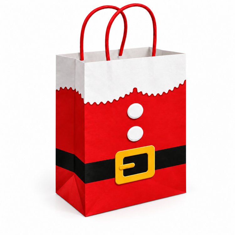 A red paper gift bag styled like Santa's suit, featuring a white faux fur collar, two white buttons, a black belt, and a yellow buckle, with red twisted paper handles, shown on a plain white background.