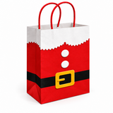 A red paper gift bag styled like Santa's suit, featuring a white faux fur collar, two white buttons, a black belt, and a yellow buckle, with red twisted paper handles, shown on a plain white background.