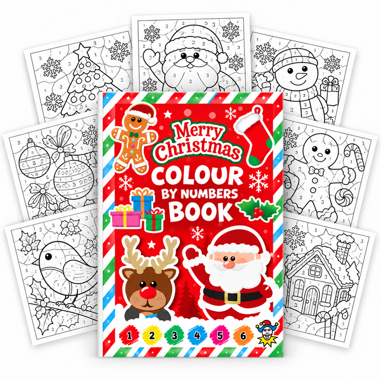 Christmas-themed colour by numbers book with several black-and-white printable activity sheets fanned behind it on a plain white background.