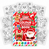 Christmas-themed colour by numbers book with several black-and-white printable activity sheets fanned behind it on a plain white background.