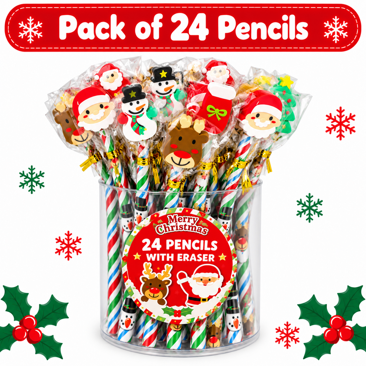 Christmas Pencils with Erasers 1-96 Xmas Party Bag Stocking Fillers for Kids