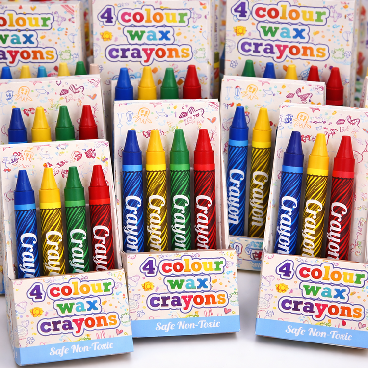 Multiple boxes of 4-color wax crayons on a white background