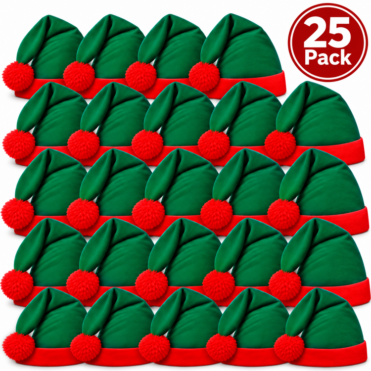 A 25-pack of green and red Christmas elf hats arranged in a grid on a white background, with a red circular badge in the top right that reads '25 Pack'.