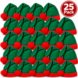 A 25-pack of green and red Christmas elf hats arranged in a grid on a white background, with a red circular badge in the top right that reads '25 Pack'.