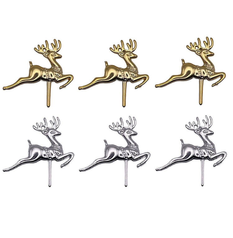 Christmas Cake Topper Reindeer pack of 6 Metallic Yule Log Cupcake Decoration