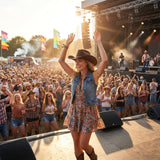 Woman in a cowboy hat and floral dress on stage at a music festival with a crowd and stage lights in the background.