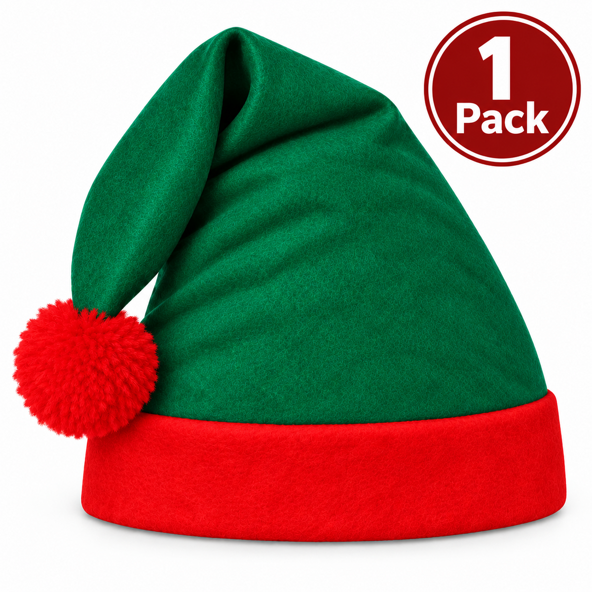 A green and red Santa hat with a red pom-pom, shown on a plain white background with a red circular badge in the top right that reads '1 Pack'.