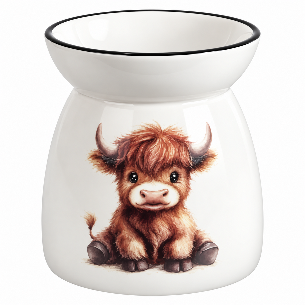 A white ceramic oil burner or scented candle holder with a black rim around the top bowl, featuring a detailed illustration of a cute brown highland cow on the front.