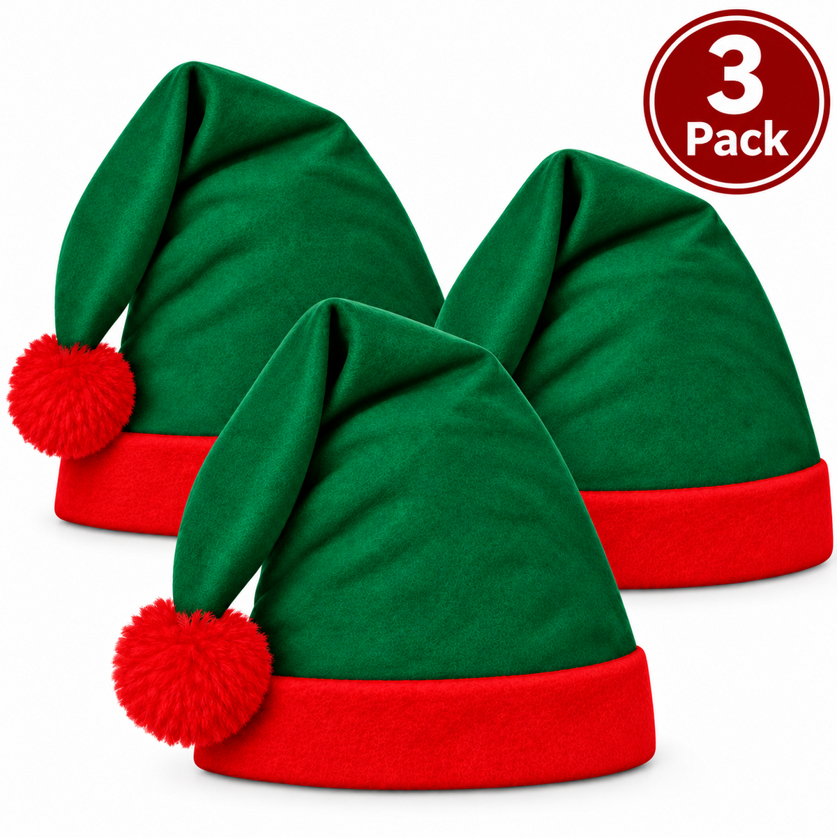 Three green and red Santa hat elf hats with red pom-poms, shown as a 3-pack on a white background with a red circular '3 Pack' badge in the top right corner.