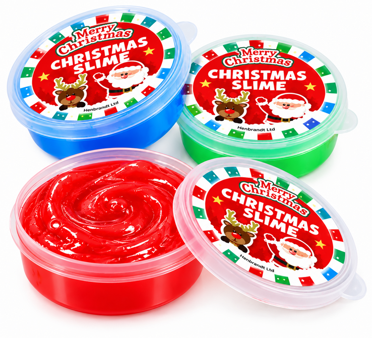Four round plastic tubs of Christmas-themed slime on a white background, showing red, blue, green, and clear-lidded containers with colorful labels reading 'Merry Christmas Christmas Slime' and Santa illustrations.