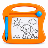 An orange children's magnetic drawing board with a blue pen and blue push-button, featuring a white writing surface with a cartoon dog, sun, cloud, and heart drawn in black.