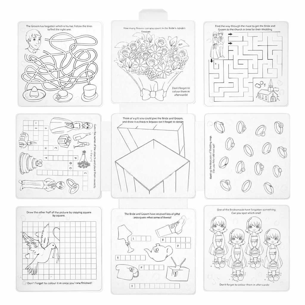 Set of educational worksheets with various activities on a white background
