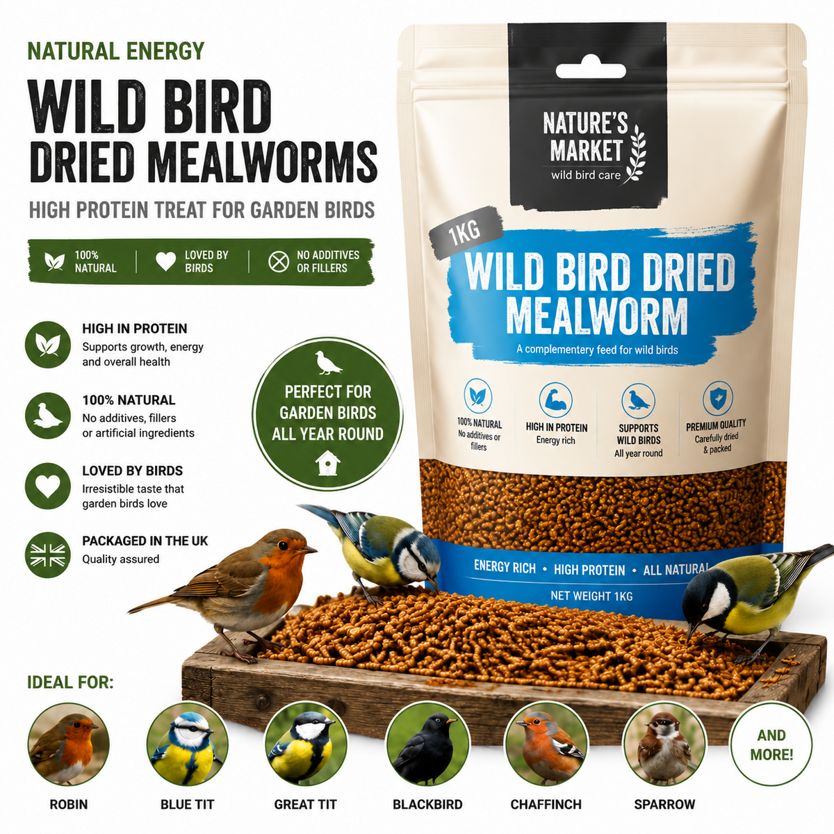 2kg Dried Mealworms Wild Bird Food High Protein Premium Garden Birds Feed