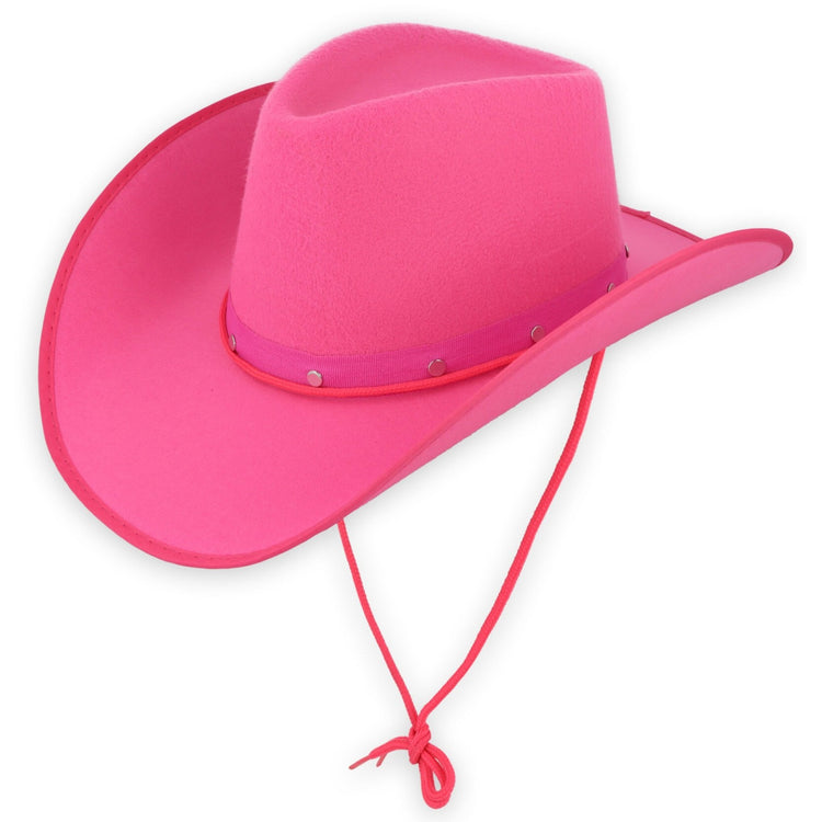 Pink cowboy hat with a band and tie on a white background