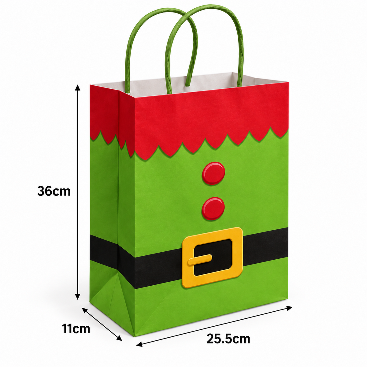 A green and red elf-themed paper gift bag with a black belt and yellow buckle detail, shown with dimension lines indicating 36cm height, 25.5cm width, 11cm depth, and green handles on a white background.
