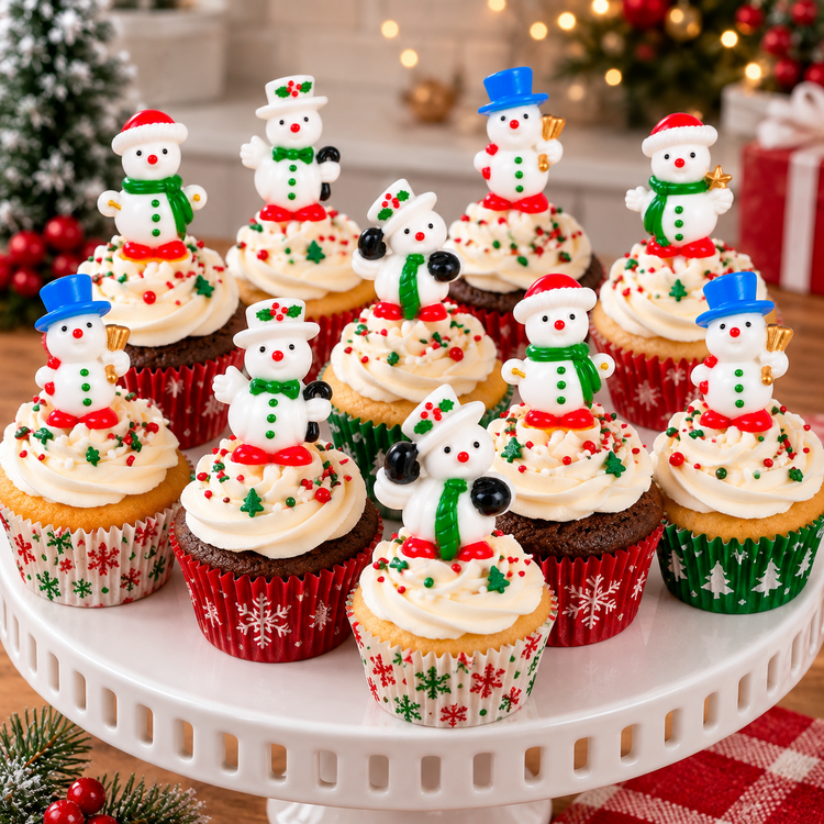A group of decorated cupcakes arranged on a white cake stand in a festive holiday setting. The cupcakes have white frosting topped with snowman figurines, red and green sprinkles, and red, white, and green patterned liners.