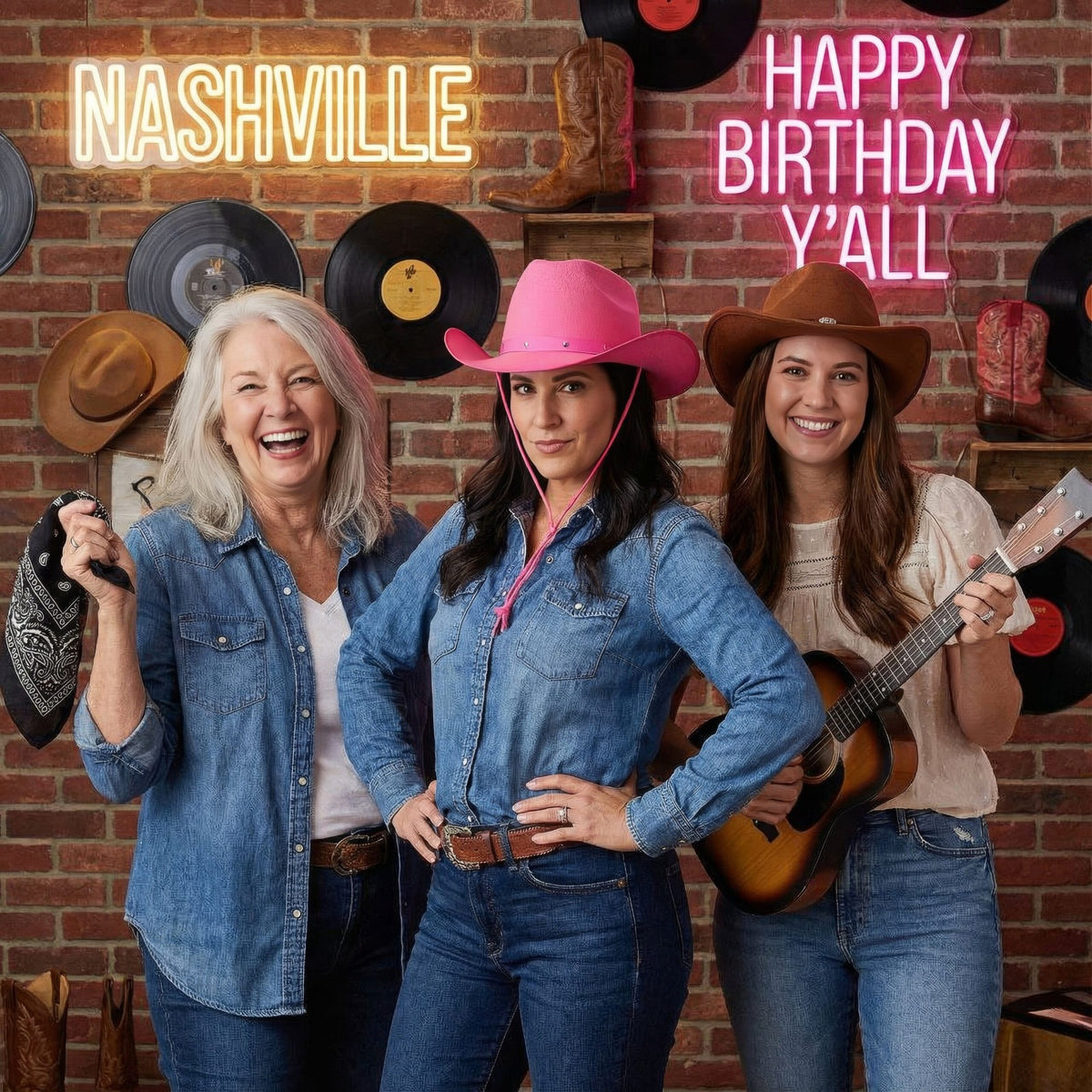 Three women in cowboy hats with musical instruments against a brick wall with 'Nashville' and 'Happy Birthday Y'all' text.