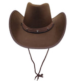 Brown cowboy hat with leather band and tie on a white background