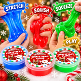 Three hands stretch colorful Christmas-themed slime in blue, red, and green, with text overlays reading STRETCH, SQUISH, and SQUEEZE. Three round containers of Christmas slime are shown below, each in a different color, set against a festive holiday background with snowflakes and lights.