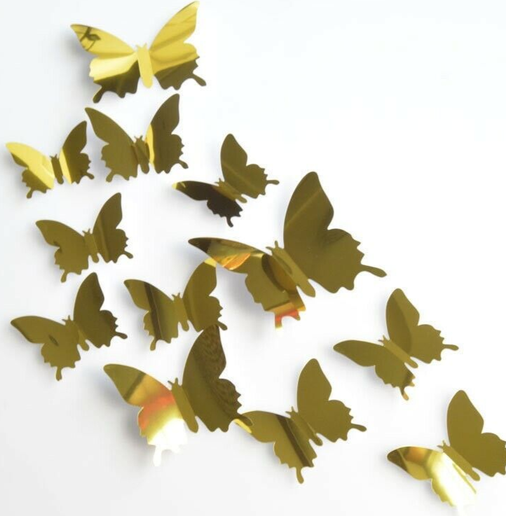 12 Mirror Gold Butterfly Wall Stickers 3D Metallic Decal Room Decorations Decor
