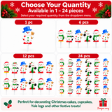 A festive product listing graphic showing snowman-shaped treats arranged in quantity options: 1 piece, 6 pieces, 12 pieces, and 24 pieces. The top banner reads 'Choose Your Quantity' and says the items are available in 1-24 pieces.