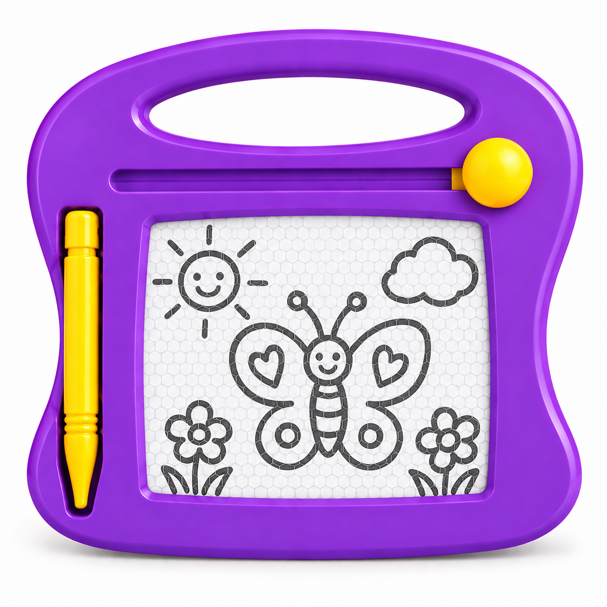 A purple children's magnetic drawing tablet with a yellow pen and yellow snap button, featuring a butterfly and sun drawing on a white writing surface.