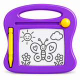 A purple children's magnetic drawing tablet with a yellow pen and yellow snap button, featuring a butterfly and sun drawing on a white writing surface.