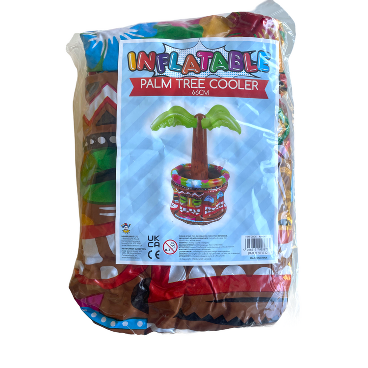 Packaged inflatable palm tree cooler with colorful design on a white background