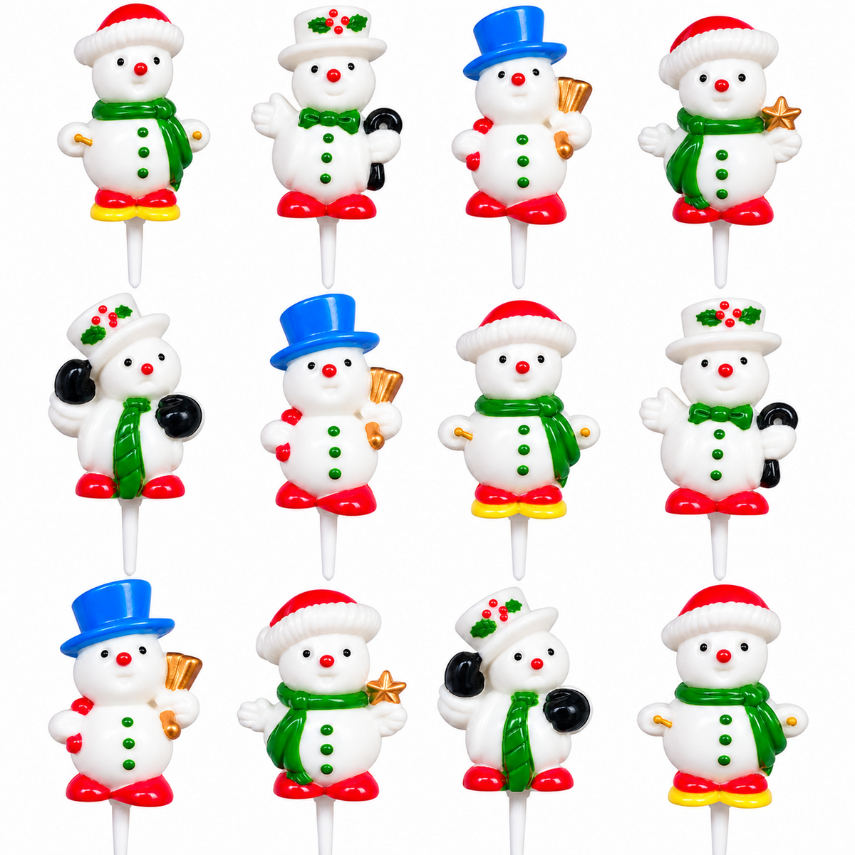 Twelve festive snowman cupcake toppers arranged in a 3-by-4 grid on a white background. Each snowman figure has a Santa hat, green scarf, red boots, and different holiday accessories like bells, stars, holly, and top hats.