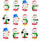 Twelve festive snowman cupcake toppers arranged in a 3-by-4 grid on a white background. Each snowman figure has a Santa hat, green scarf, red boots, and different holiday accessories like bells, stars, holly, and top hats.