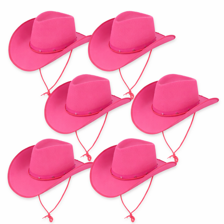 Set of six pink cowboy hats on a white background