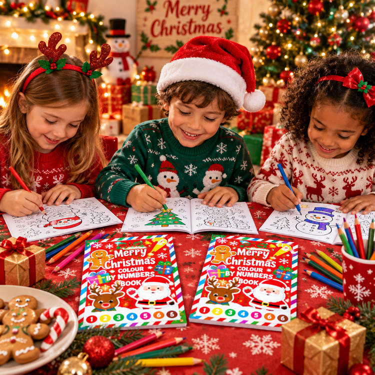 Three children wearing festive holiday costumes and sweaters sit at a table decorated for Christmas, coloring pages in front of them, and two copies of a 'Merry Christmas Colour by Book' activity book on a red tablecloth.