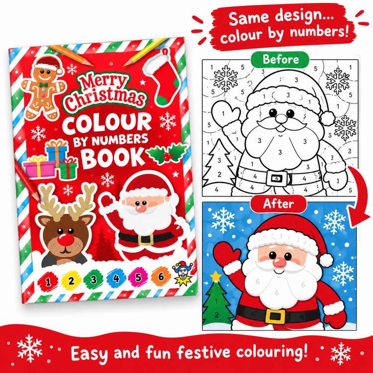 Christmas colour by numbers book shown with a before-and-after Santa illustration example, featuring festive red cover art and promotional text on a white background.