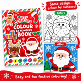 Christmas colour by numbers book shown with a before-and-after Santa illustration example, featuring festive red cover art and promotional text on a white background.