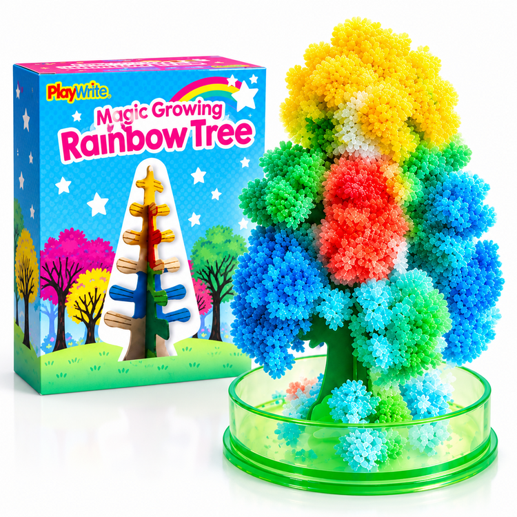 Playrite Magic Growing Rainbow Tree kit showing the colorful crystal tree product on a green base next to its blue retail box.