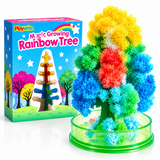 Playrite Magic Growing Rainbow Tree kit showing the colorful crystal tree product on a green base next to its blue retail box.
