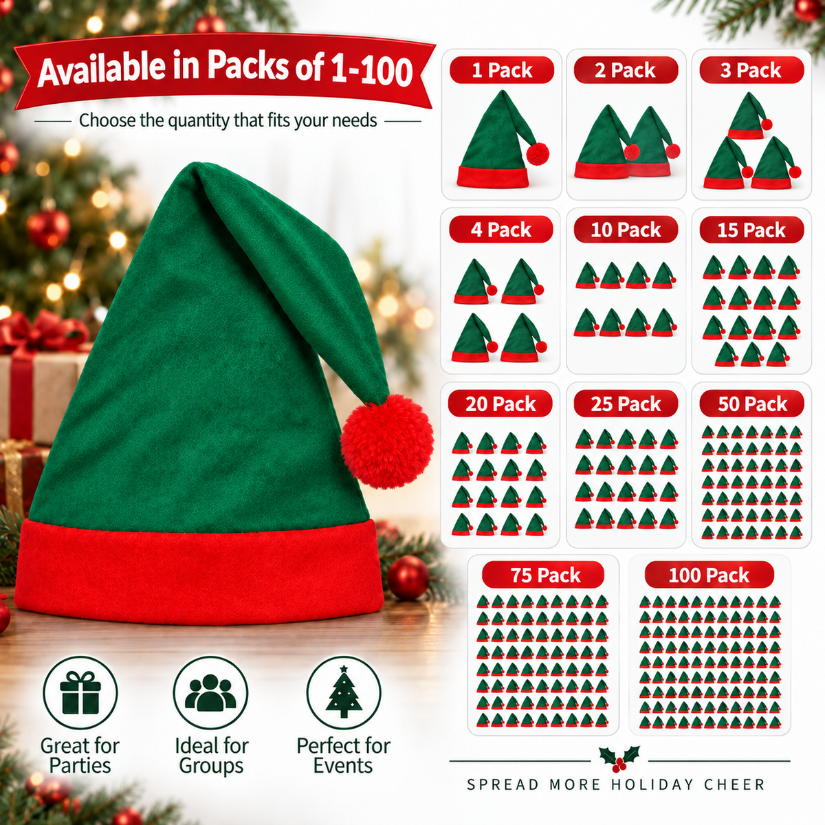 A festive product graphic showing a large green and red Santa hat on the left, with smaller repeated pack-size options on the right labeled 1 Pack through 100 Pack. Text at the top says the product is available in packs of 1-100, and icons at the bottom say it is great for parties, ideal for groups, and perfect for events.