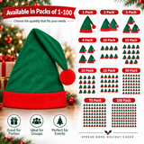 A festive product graphic showing a large green and red Santa hat on the left, with smaller repeated pack-size options on the right labeled 1 Pack through 100 Pack. Text at the top says the product is available in packs of 1-100, and icons at the bottom say it is great for parties, ideal for groups, and perfect for events.