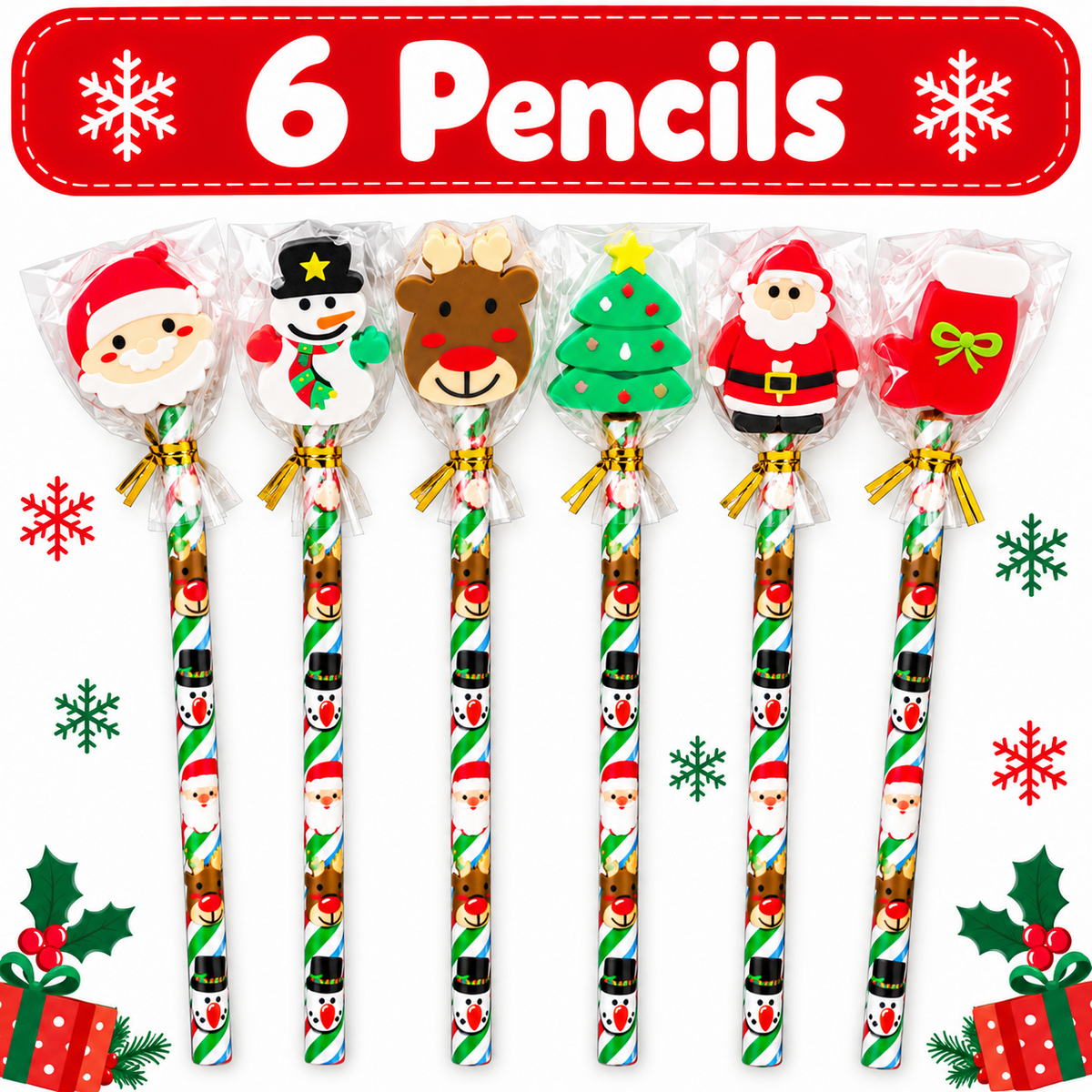 Six Christmas-themed novelty pencils in clear wrapping, decorated with Santa, snowman, reindeer, Christmas tree, Santa, and stocking tops, with striped candy canes and festive snowflake graphics on a white background.