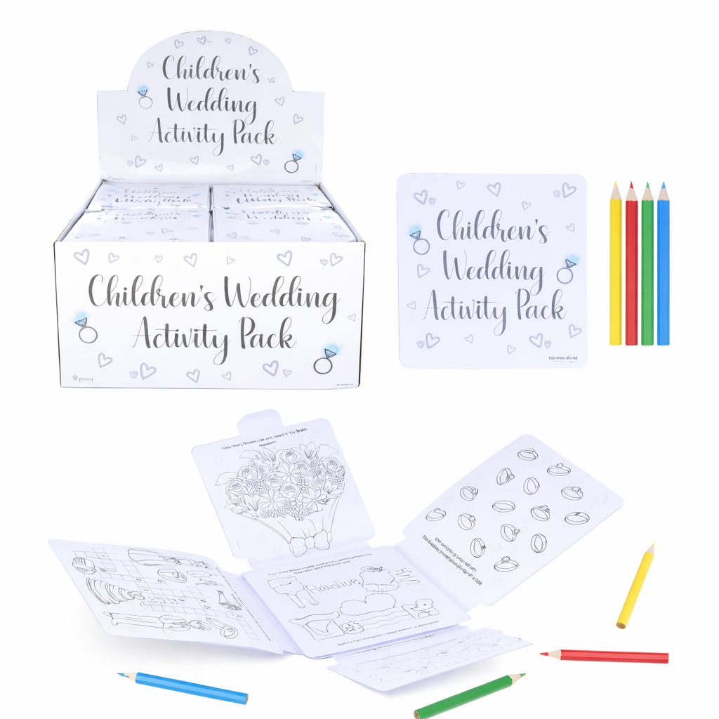 Children's wedding activity pack with coloring pages and pencils on a white background
